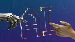 one robot and one human hand touching AI sign