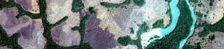 Decorative banner, shows a landscape with rock, tree and water from the air directly above.